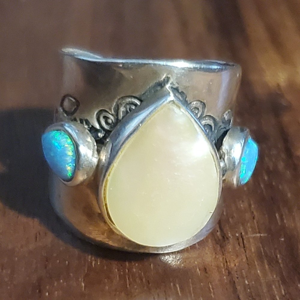 Sterling Silver Mother of Pearl and Opal Ring